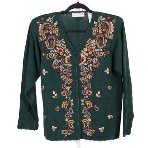 Paisley Knit Cardigan Sweater M VTG Green VNeck Floral Grammacore Cottagecore